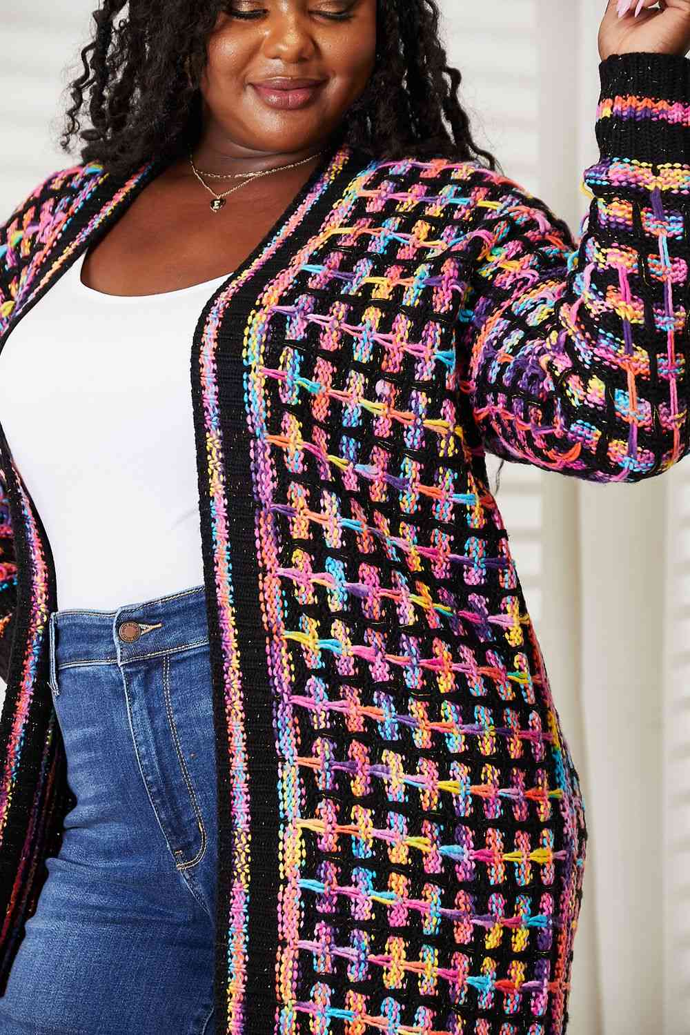 Double Take Full Size Multicolored Open Front Fringe Hem Cardigan. Also Plus sizes-Trendsi-SatinBoutique