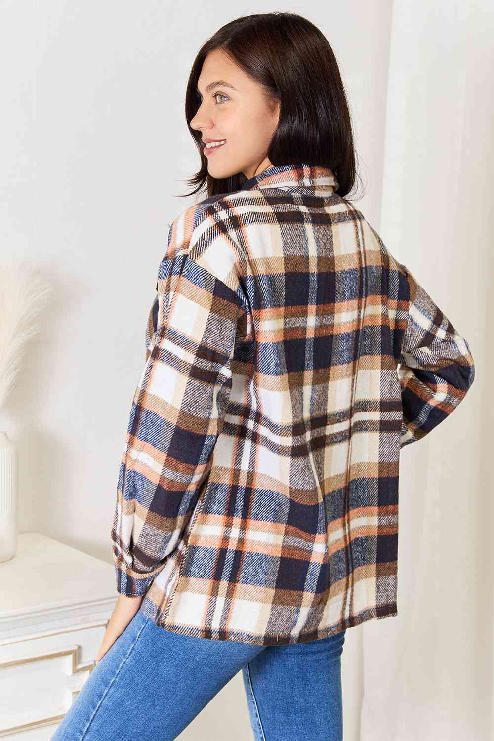 Double Take Plaid Button Front Shirt Jacket with Breast Pockets, Also in Plus sizes-Trendsi-SatinBoutique