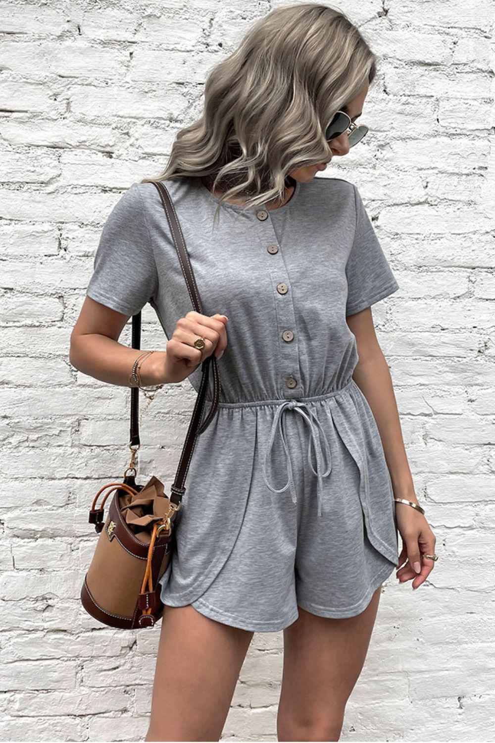 Buttoned Drawstring Round Neck Romper Trendsi