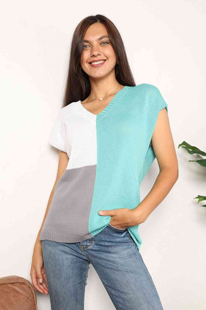 Double Take Color Block V-Neck Knit Top-Trendsi-SatinBoutique