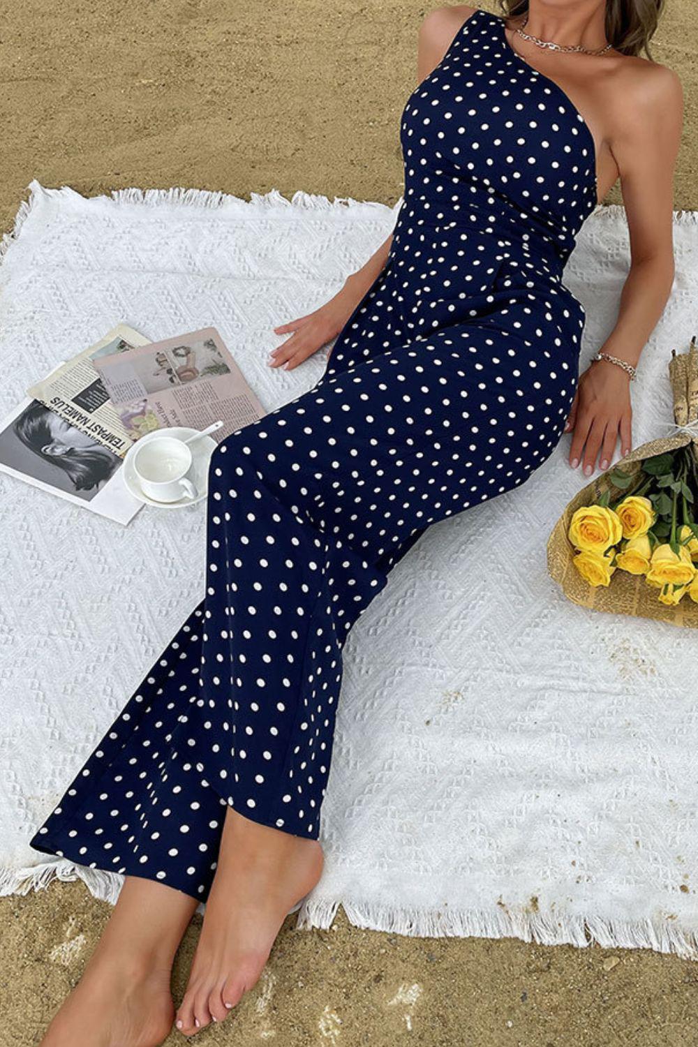 Polka Dot One-Shoulder Jumpsuit Trendsi