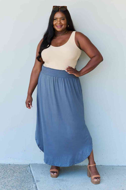 Doublju Comfort Princess Full Size High Waist Scoop Hem Maxi Skirt in Dusty Blue-Trendsi-SatinBoutique