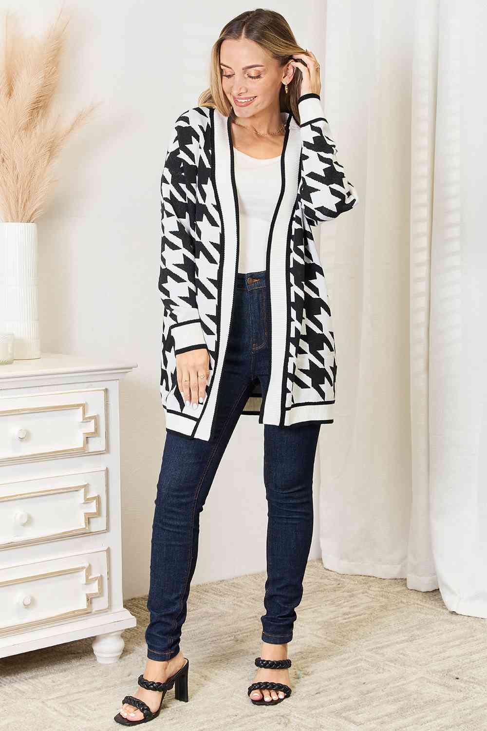 Woven Right Houndstooth Open Front Longline Cardigan-Trendsi-SatinBoutique