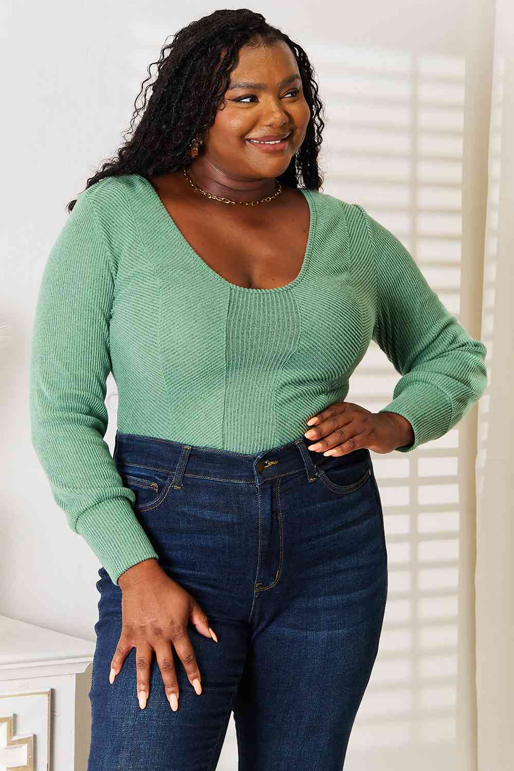 Basic Bae Scoop Neck Long Sleeve Top-Trendsi-Mid Green-XL-SatinBoutique