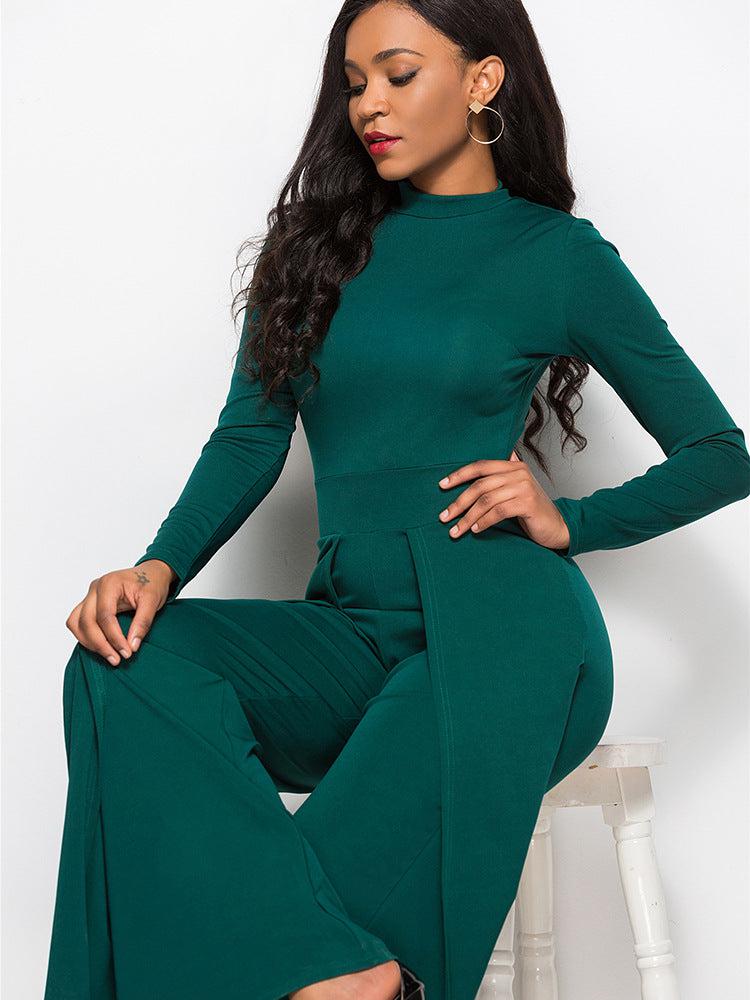 Long Sleeve Mock Neck Wide Leg Jumpsuit Trendsi