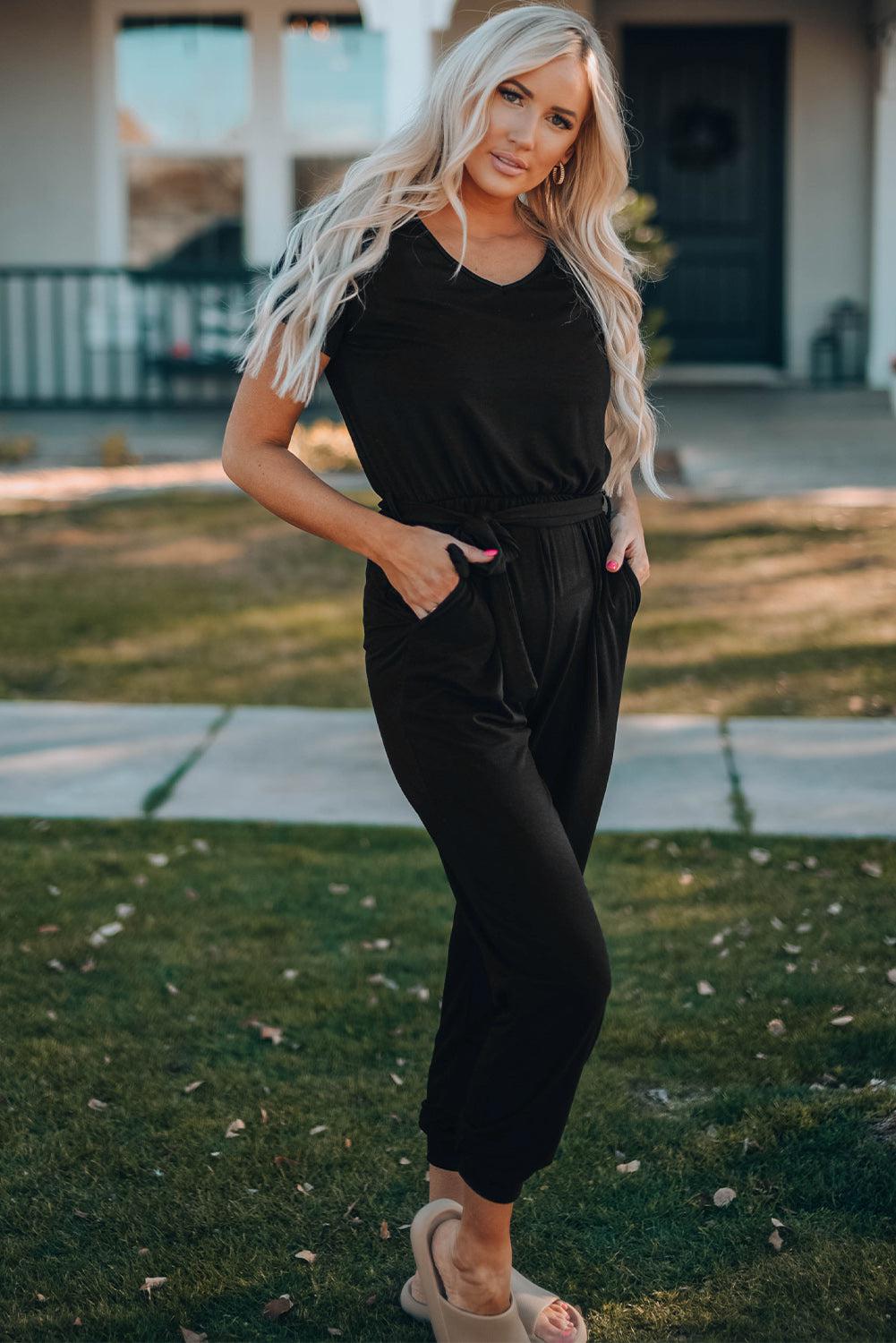 Belted V-Neck Jogger Jumpsuit Trendsi