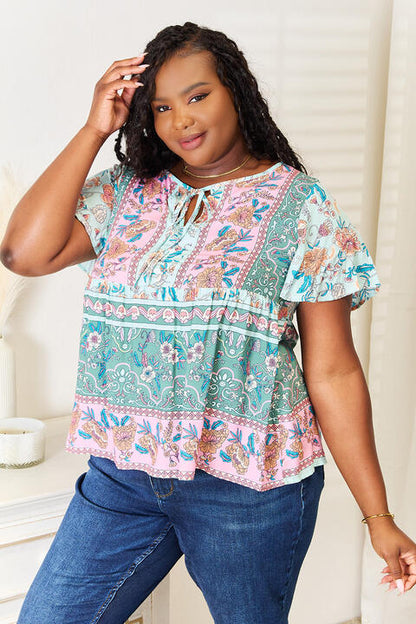 Double Take Floral Tie Neck Short Sleeve Blouse-Trendsi-SatinBoutique