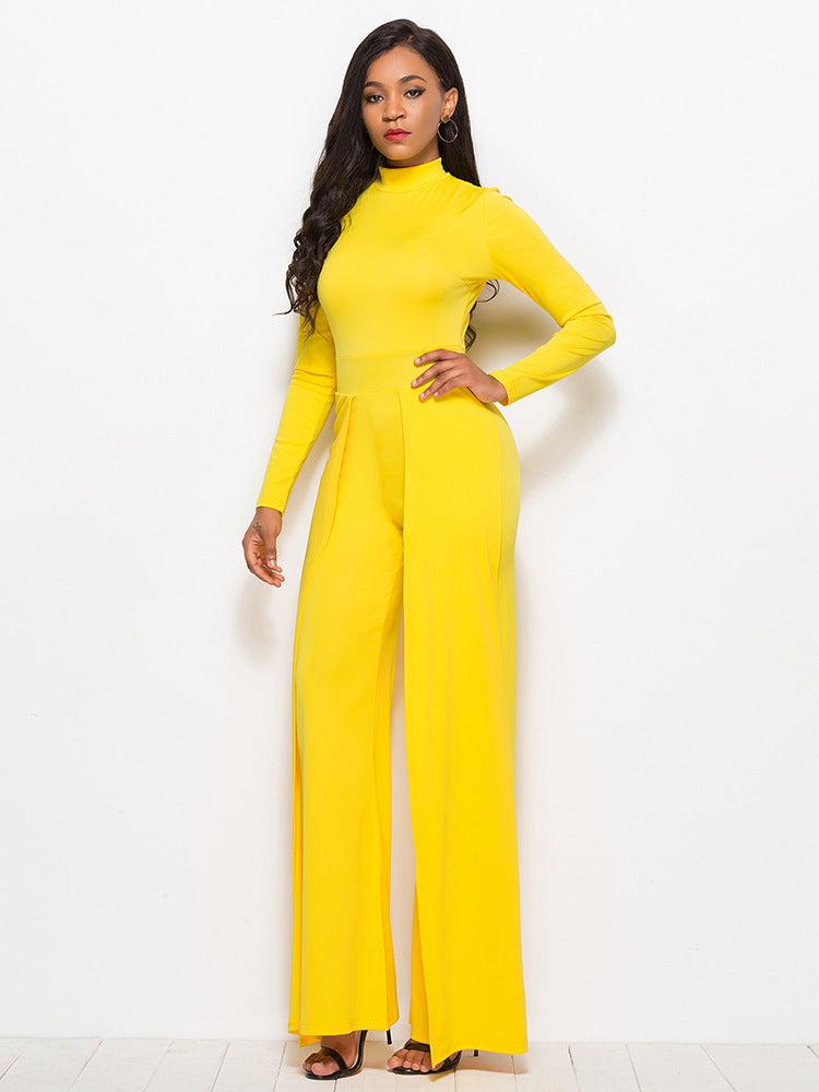 Long Sleeve Mock Neck Wide Leg Jumpsuit Trendsi