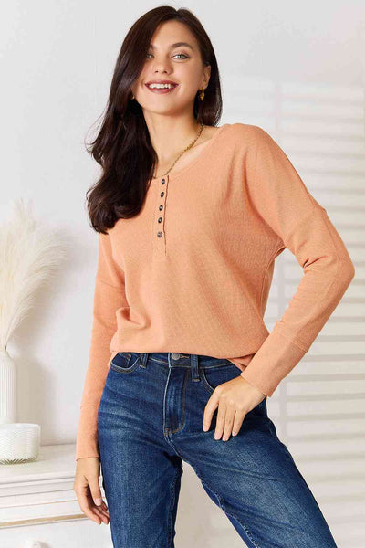 Basic Bae Half Button Long Sleeve Top-Trendsi-Pumpkin-S-SatinBoutique