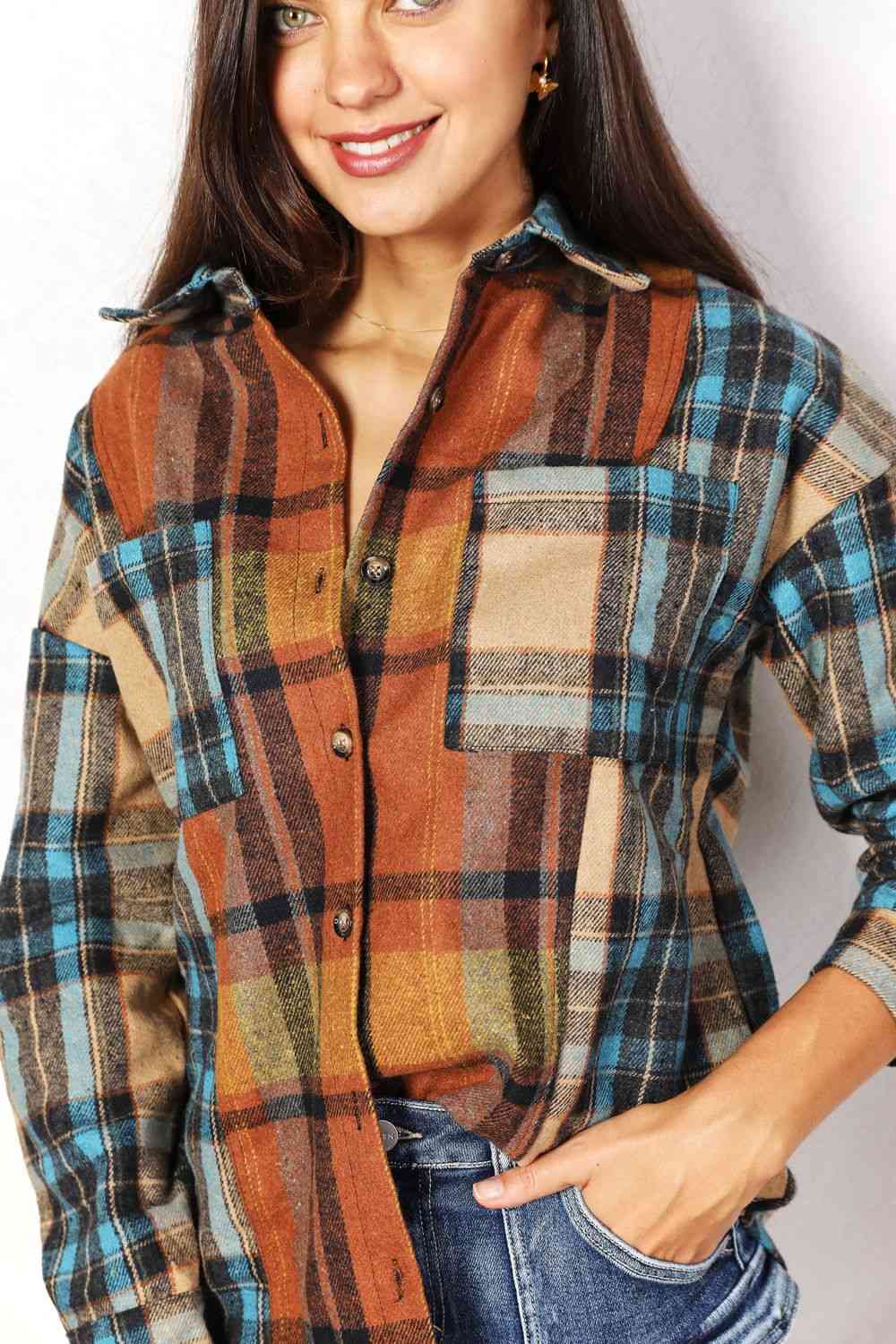 Double Take Plaid Curved Hem Shirt Jacket with Breast Pockets-Trendsi-SatinBoutique