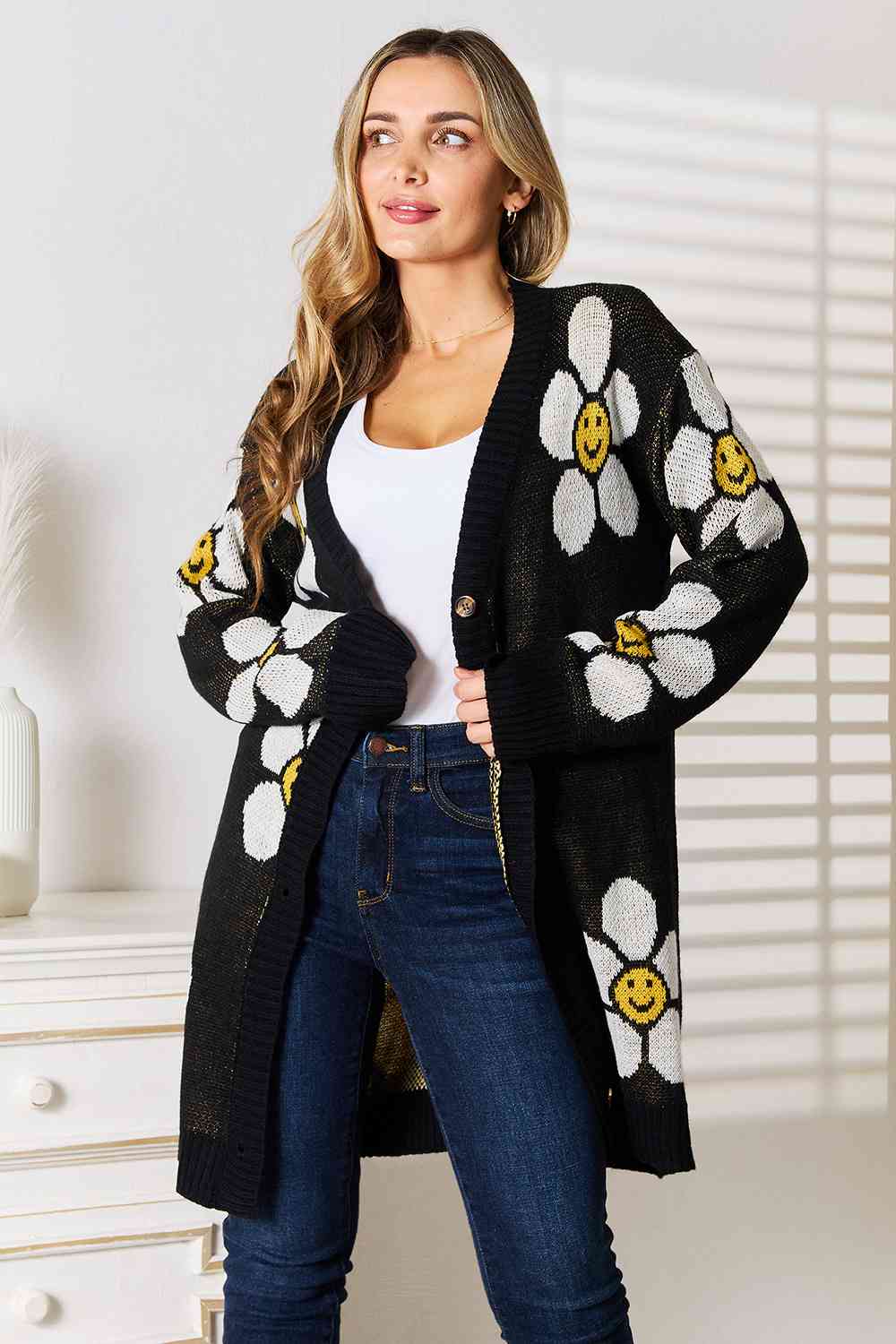 Double Take Floral Button Down Longline Cardigan-Trendsi-Black-S-SatinBoutique