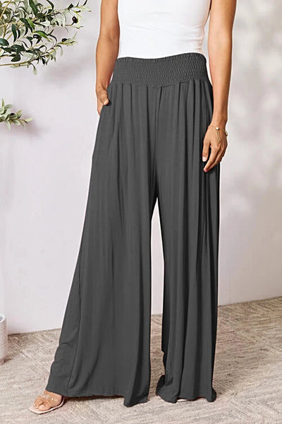 Elegant Wide Leg Pants with Smocked Waistband - Opaque Comfort in Sizes S-3XL Trendsi