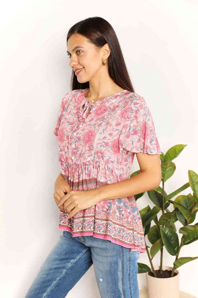 Double Take Bohemian Decorative Button Tie-Neck Peplum Blouse, Also in Plus sizes-Trendsi-SatinBoutique