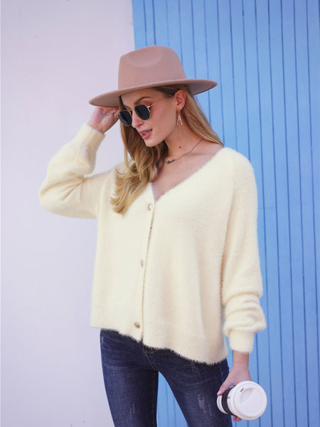 Fuzzy Long Sleeve Button Down Cardigan Trendsi