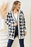 Woven Right Houndstooth Open Front Longline Cardigan-Trendsi-Black-S-SatinBoutique