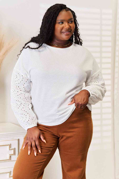 Double Take Eyelet Dropped Shoulder Round Neck Blouse, Also Plus sizes-Trendsi-White-XL-SatinBoutique