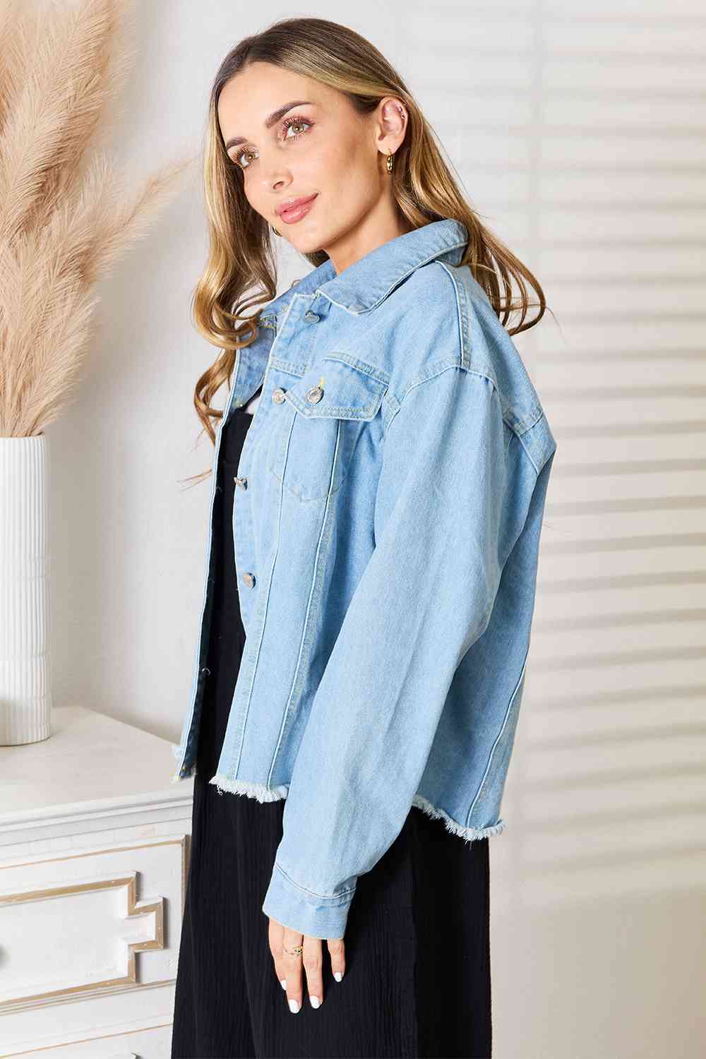 Double Take Dropped Shoulder Raw Hem Denim Jacket-Trendsi-SatinBoutique