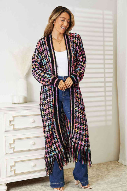 Double Take Full Size Multicolored Open Front Fringe Hem Cardigan. Also Plus sizes-Trendsi-SatinBoutique