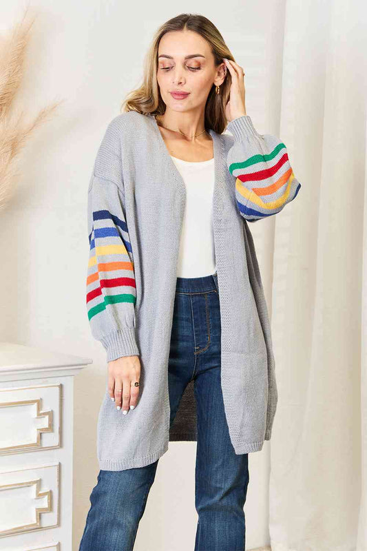 Double Take Multicolored Stripe Open Front Longline Cardigan-Trendsi-Light Gray-S-SatinBoutique