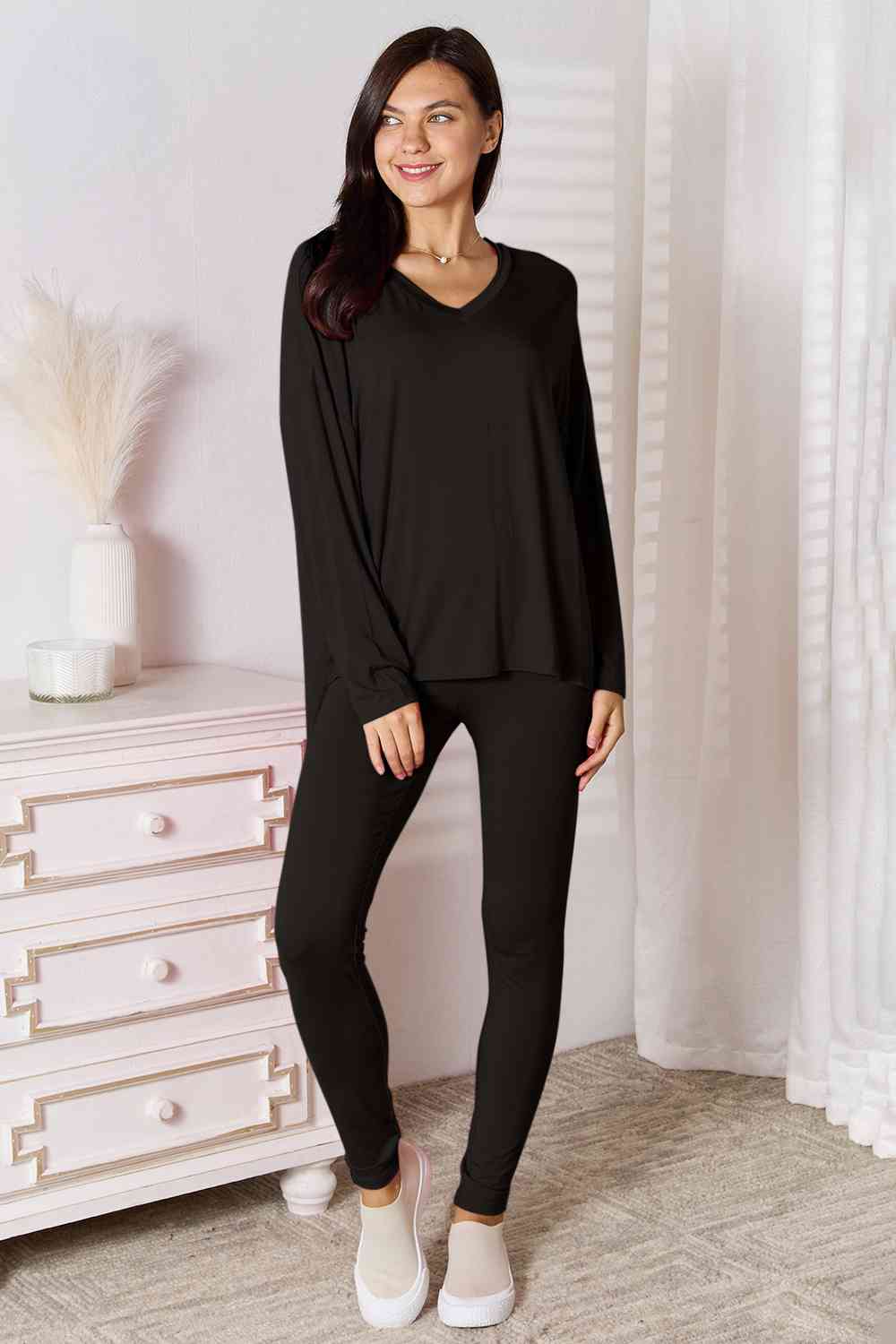 Basic Bae Full Size V-Neck Soft Rayon Long Sleeve Top and Pants Lounge Set-Trendsi-Black-S-SatinBoutique