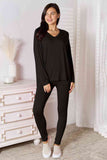Basic Bae Full Size Cổ Chữ V Mềm Rayon Áo dài tay và quần dài Set-Trendsi-Black-S-SatinBoutique