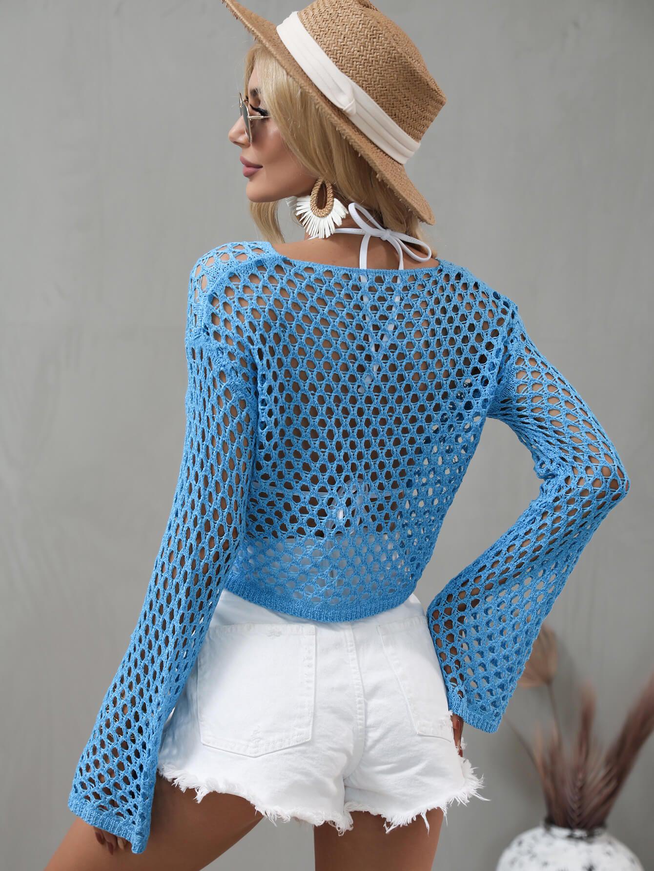 Openwork Flare Sleeve Cropped Cover Up Trendsi