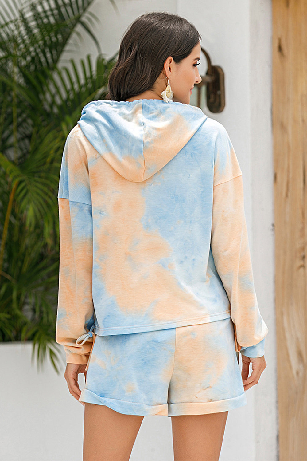 Tie-Dye Drawstring Hoodie and Shorts Set Trendsi