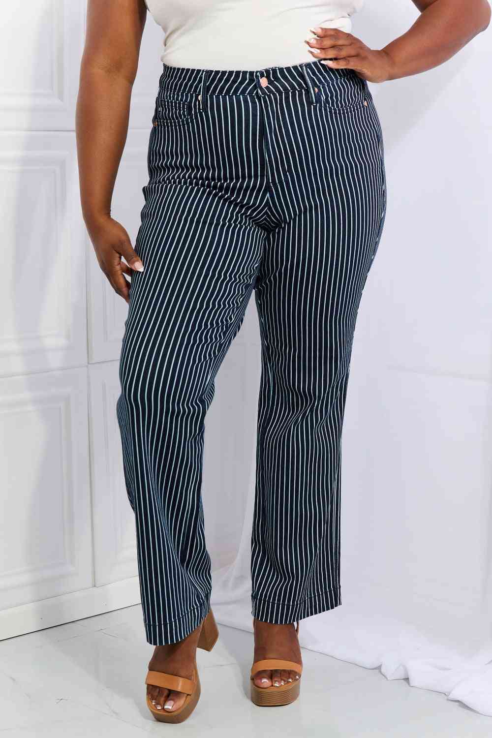 Judy Blue Cassidy Full Size High Waisted Tummy Control Striped Straight Jeans-Trendsi-French Blue-13(31)-SatinBoutique