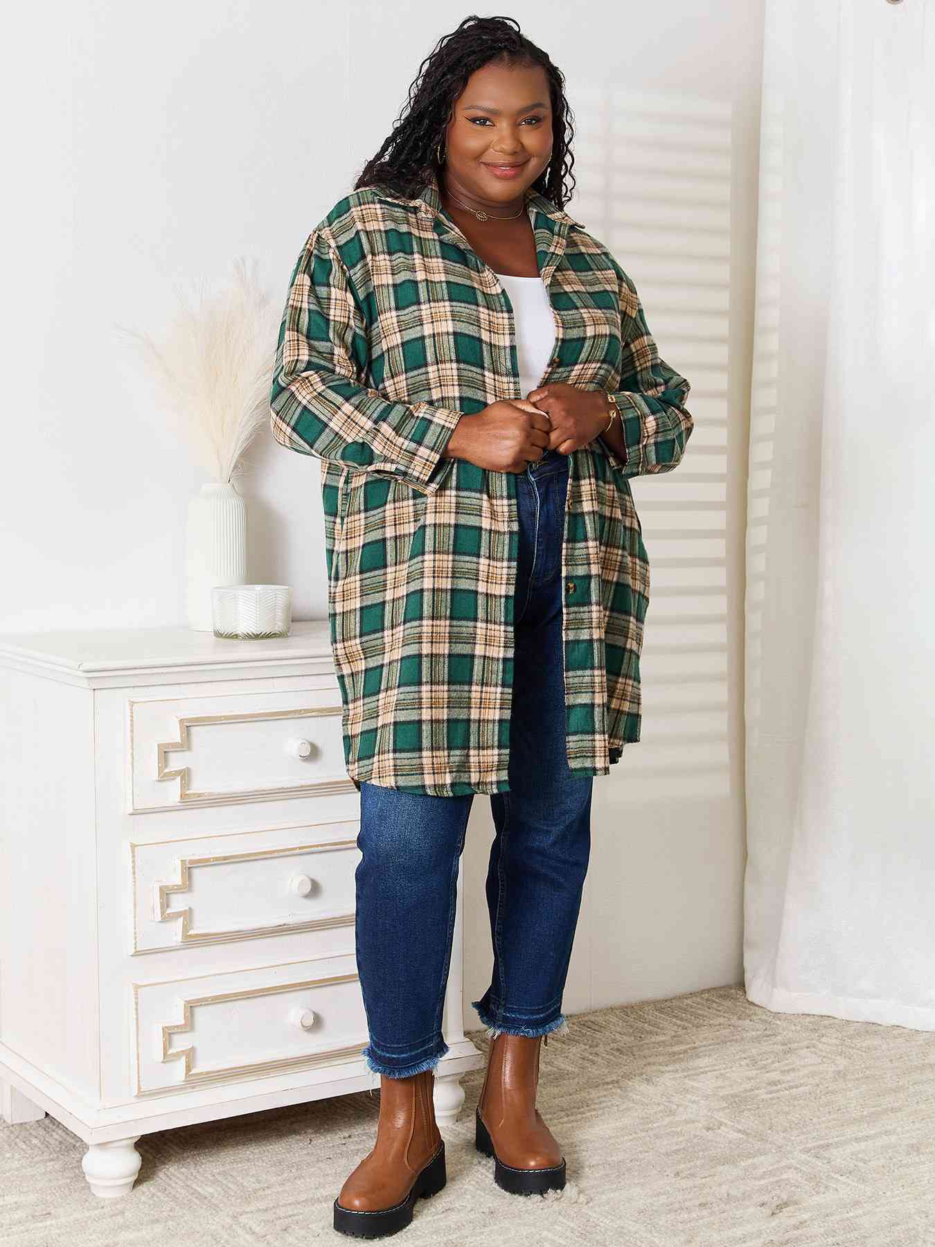 Double Take Plaid Collared Neck Long Sleeve Shirt-Trendsi-SatinBoutique