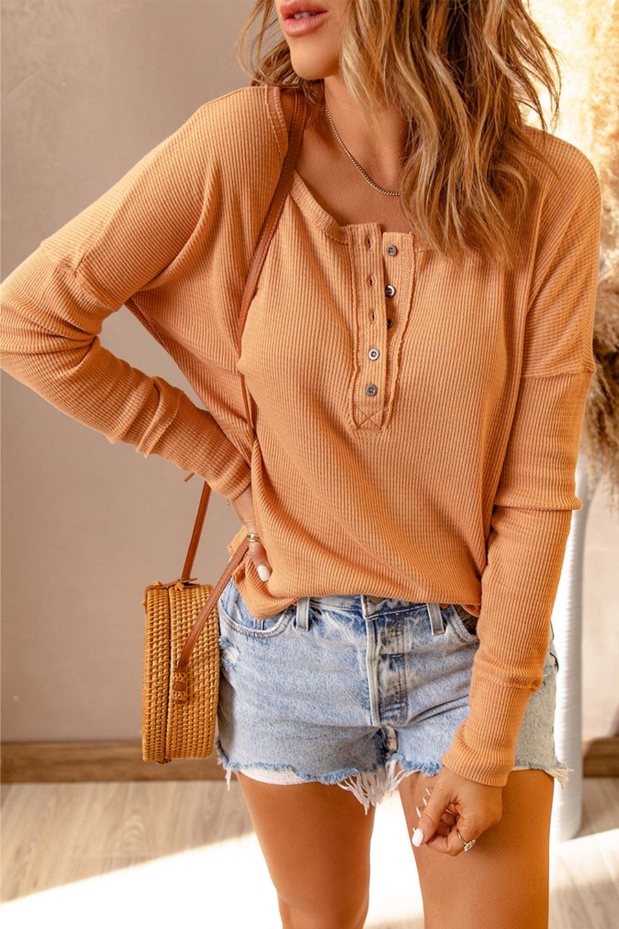 Half Button Waffle Knit Long Sleeve Top Trendsi