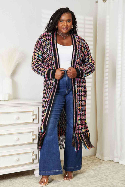 Double Take Full Size Multicolored Open Front Fringe Hem Cardigan. Also Plus sizes-Trendsi-Multicolor-2XL-SatinBoutique