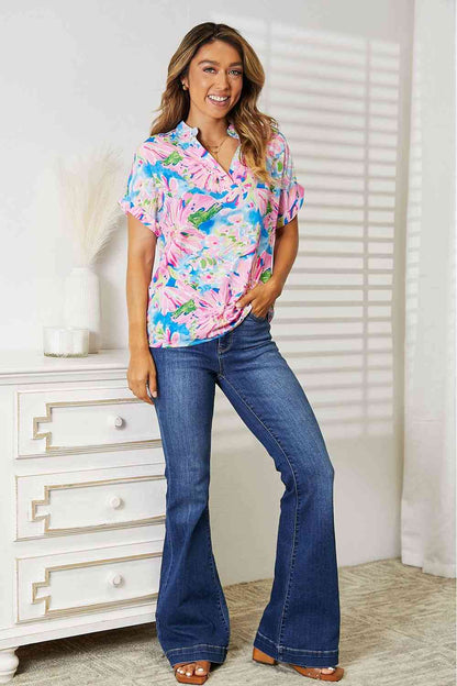 Double Take Floral Notched Neck Short Sleeve Top, Also Plus sizes-Trendsi-Multicolor-S-SatinBoutique