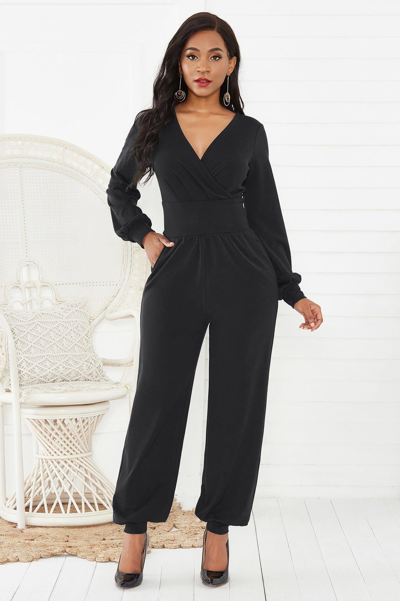 Gathered Detail Surplice Lantern Sleeve Jumpsuit Trendsi