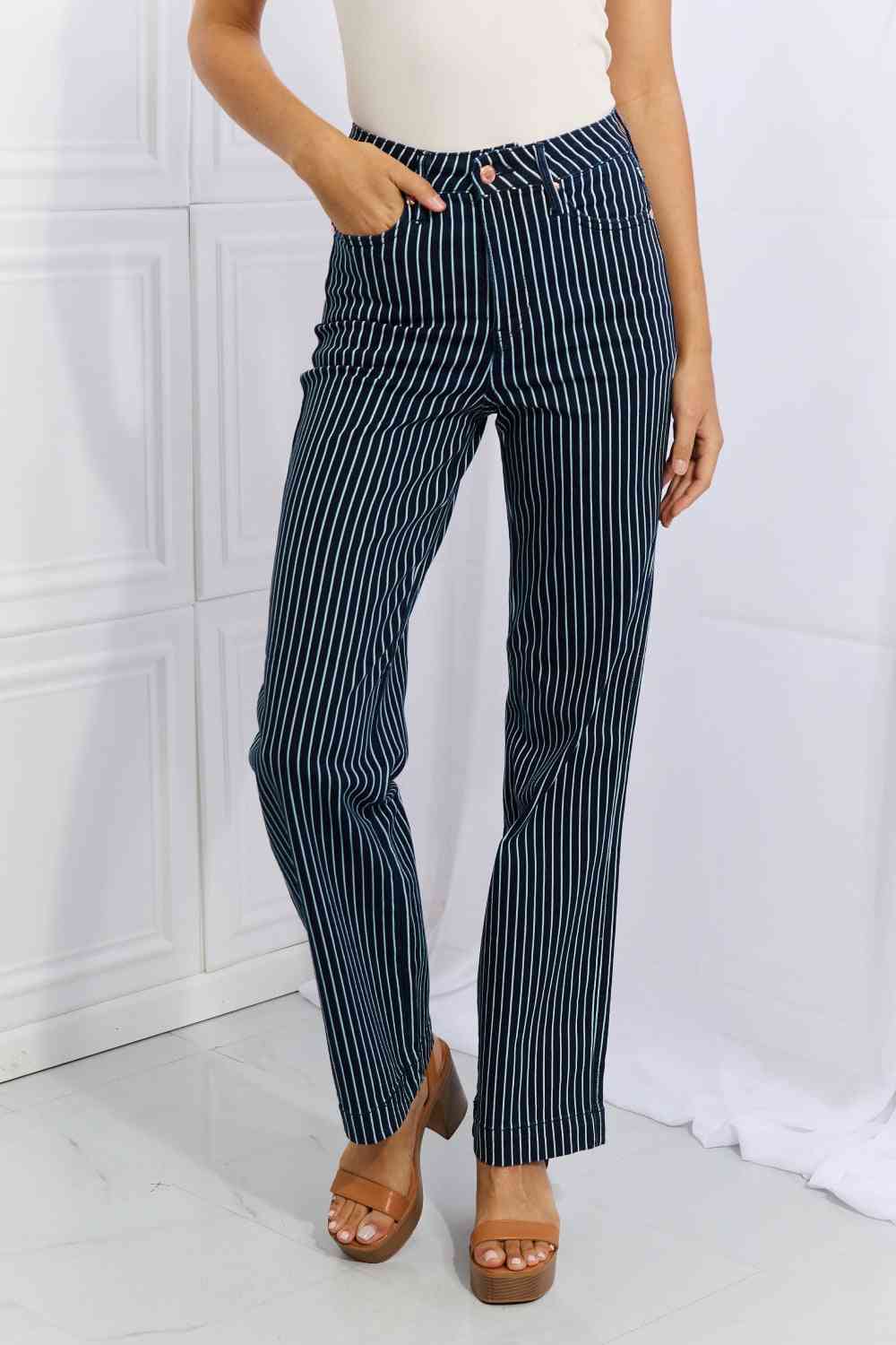 Judy Blue Cassidy Full Size High Waisted Tummy Control Striped Straight Jeans-Trendsi-SatinBoutique