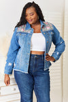 Baeful Leopard Floral Distressed Raw Hem Denim Jacket-Trendsi-SatinBoutique