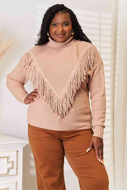 Woven Right Turtleneck Fringe Front Long Sleeve Sweater-Trendsi-SatinBoutique