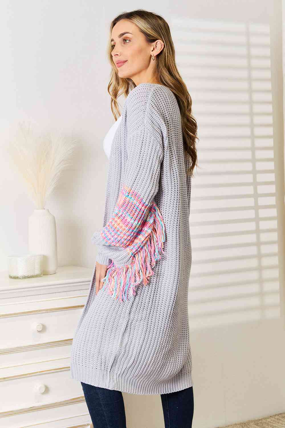 Woven Right Fringe Sleeve Dropped Shoulder Cardigan-Trendsi-SatinBoutique