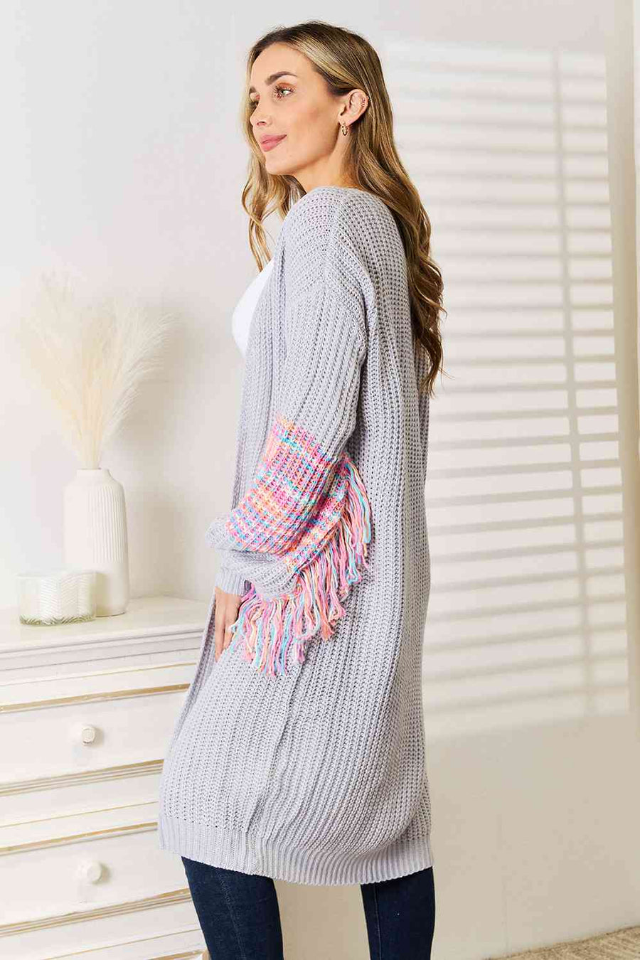 Woven Right Fringe Sleeve Dropped Shoulder Cardigan-Trendsi-Cloudy Blue-S-SatinBoutique