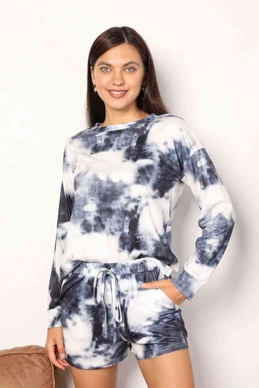 Double Take Tie-Dye Round Neck Top and Shorts Lounge Set, Also Plus sizes-Trendsi-SatinBoutique