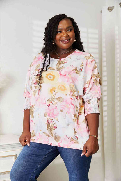 Double Take Floral Round Neck Three-Quarter Sleeve Top-Trendsi-SatinBoutique