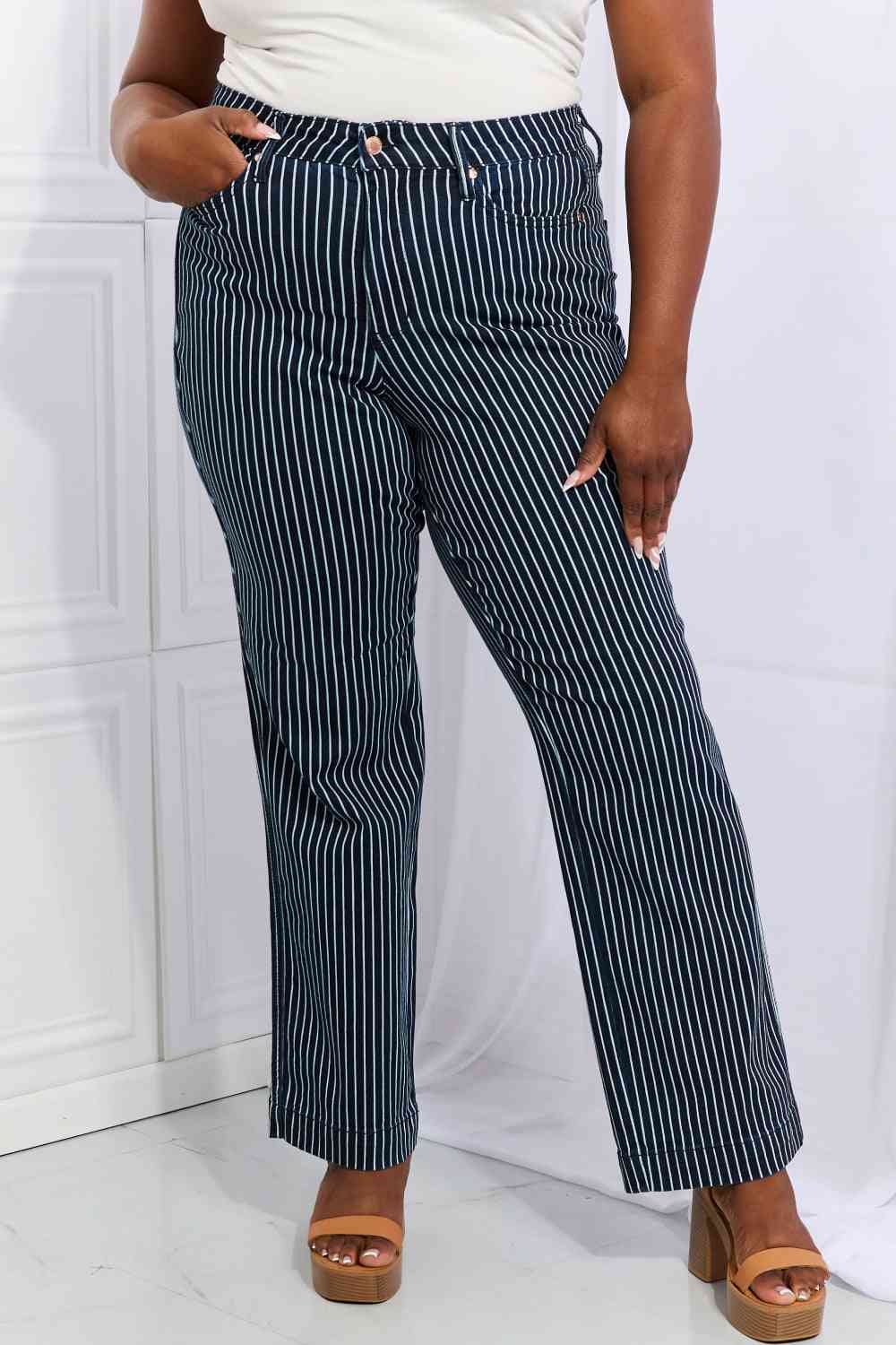 Judy Blue Cassidy Full Size High Waisted Tummy Control Striped Straight Jeans-Trendsi-SatinBoutique