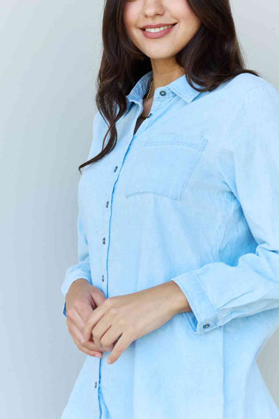 Doublju Blue Jean Baby Denim Button Down Shirt Top in Light Blue-Trendsi-SatinBoutique