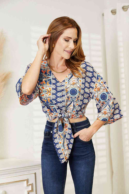 Double Take Tie Hem V-Neck Three-Quarter Sleeve Blouse-Trendsi-SatinBoutique