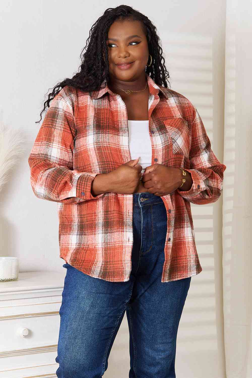 Double Take Plaid Collared Neck Long Sleeve Shirt-Trendsi-SatinBoutique