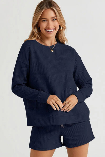 Double Take Full Size Long Sleeve Top Shorts Set with Pockets - Comfortable & Stretchy Trendsi