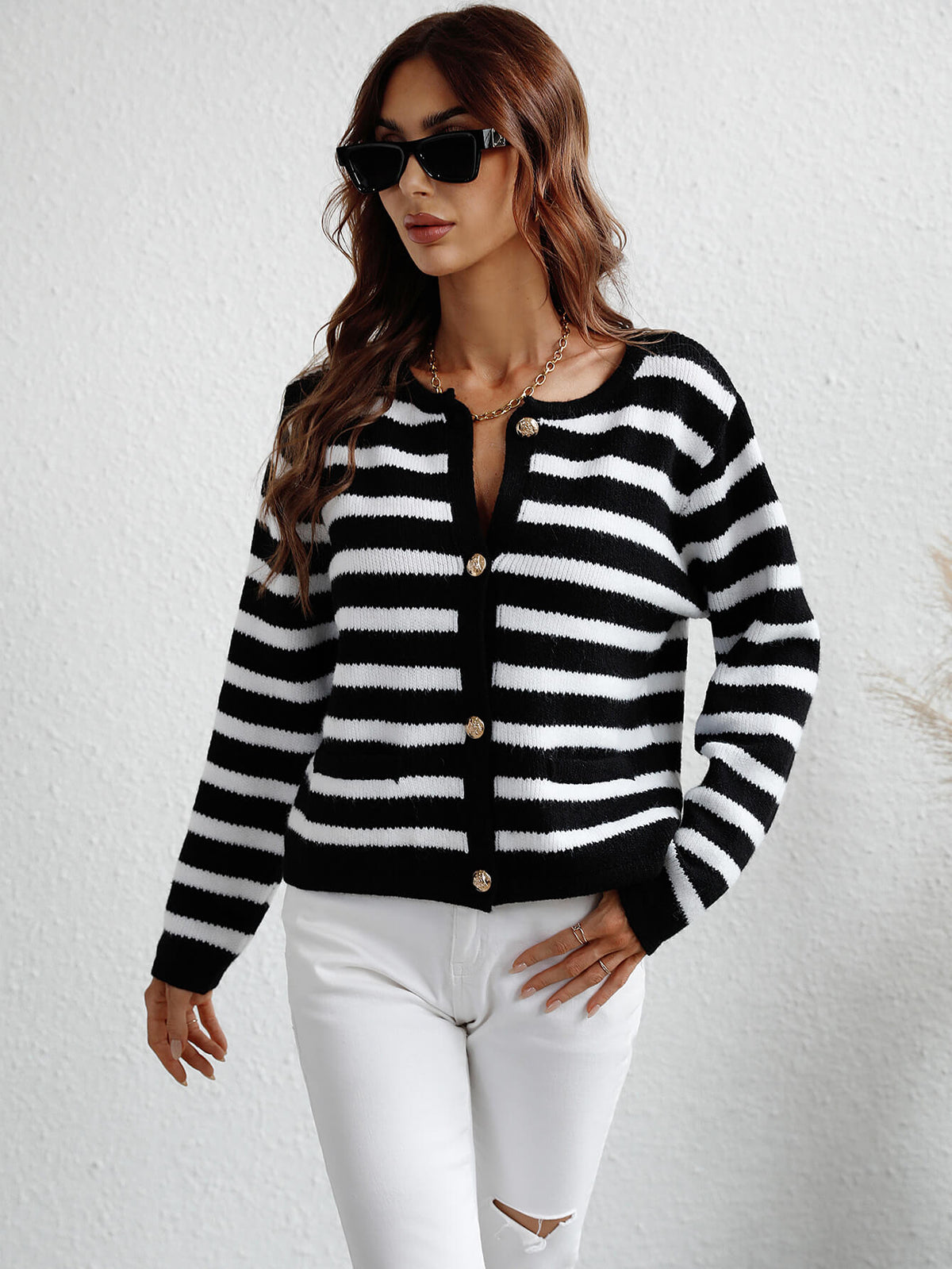 Striped Button Front Cardigan Trendsi