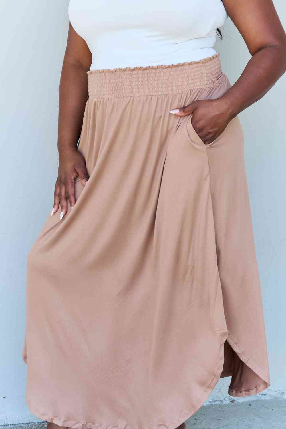 Doublju Comfort Princess Full Size High Waist Scoop Hem Maxi Skirt in Tan-Trendsi-SatinBoutique