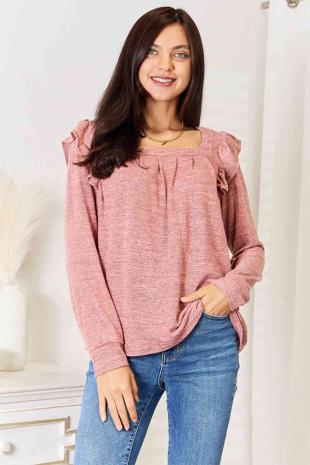 Double Take Square Neck Ruffle Shoulder Long Sleeve T-Shirt, Also Plus sizes-Trendsi-Light Mauve-S-SatinBoutique