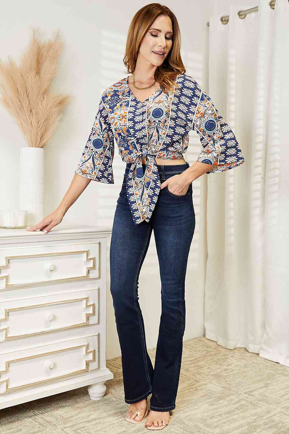 Double Take Tie Hem V-Neck Three-Quarter Sleeve Blouse-Trendsi-SatinBoutique