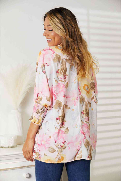 Double Take Floral Round Neck Three-Quarter Sleeve Top-Trendsi-SatinBoutique